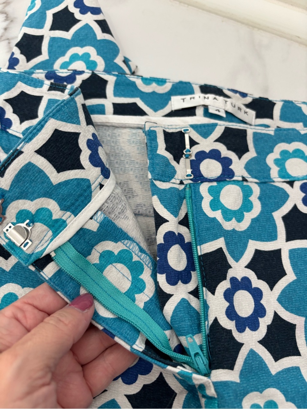 Trina Turk Teal & Navy Floral Straight-Leg Pants - Picture 4 of 5